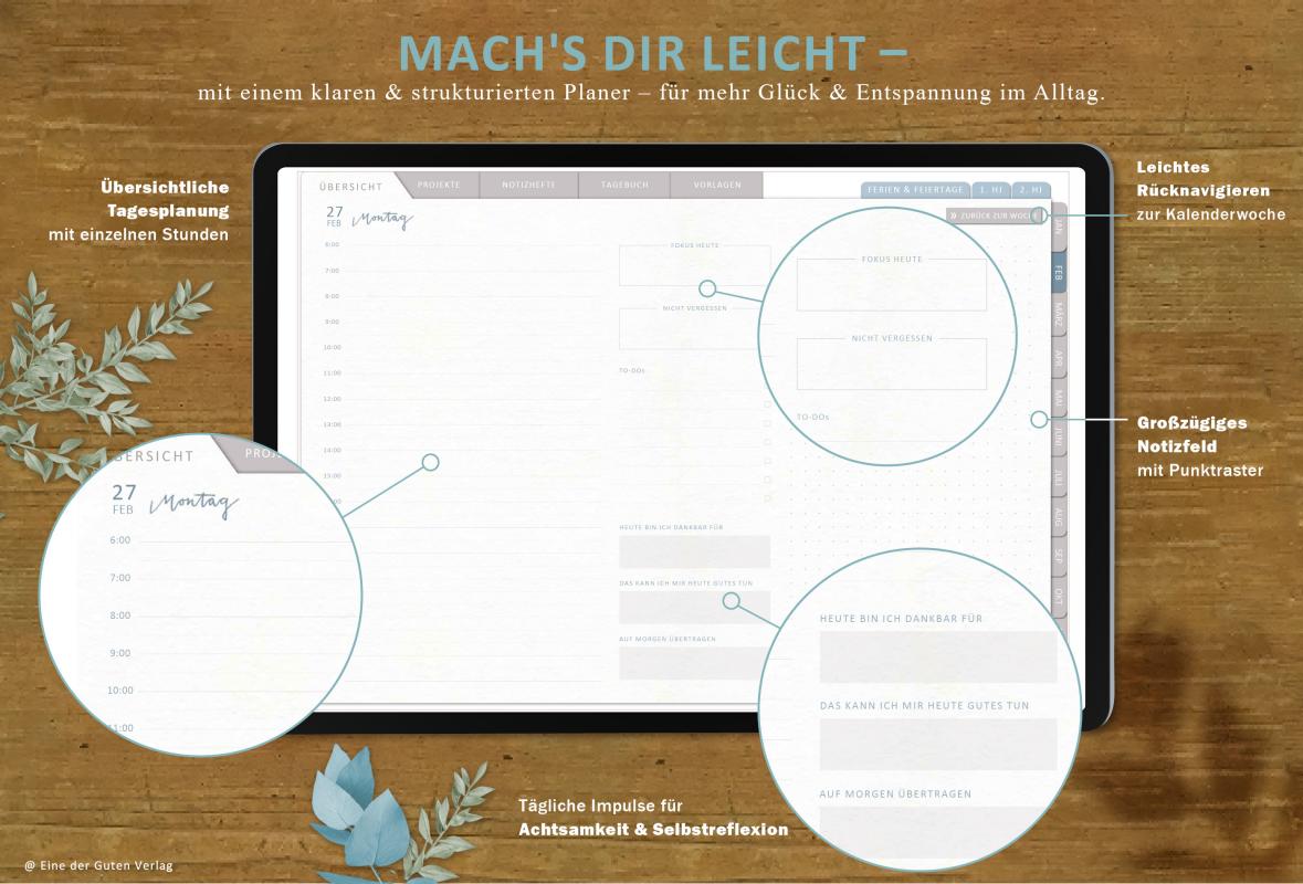 Detailansicht Tagesplanung, digitaler Terminplaner 2023 mit extra Notizseiten für jeden Tag